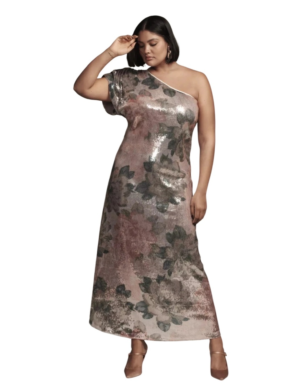 Anthropologie Porridge One-Shoulder Floral Sequin Maxi Dress Pink Size XL NWOT